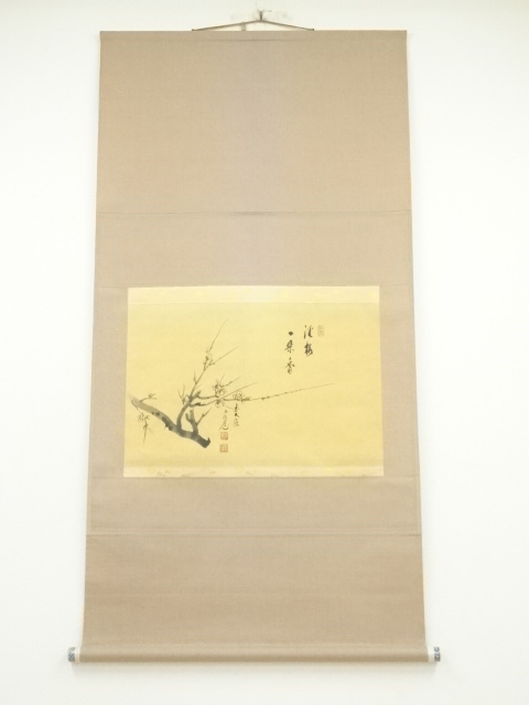 JAPANESE HANGING SCROLL / HAND PAINTED / POEM WITH UME BLOSSOM